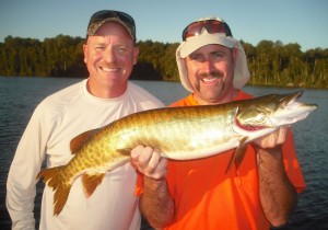 Clients Brian and Jeff with Brian's 1st career musky!  Hooked 5 landed 1 and raised 3 more in 4 hours on a mid August trip.  Congrats Brian!