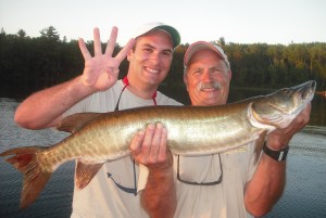 Fish 4 of 5 Clients John and Matt boated 5 muskies their first time musky fishing!  Half day trip Late June 2013