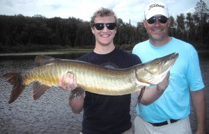 Father son clients Mark and Kale from Kansas and fish 1 of 3 on a triple on the first day of their 1.5 day fishing trip. Kale's second musky ever! 40.75 inches